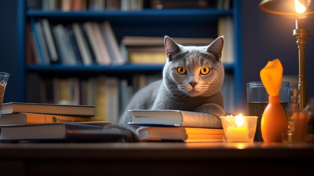 Photo curious chartreux cat exploring colorful bookshelf in cozy study room