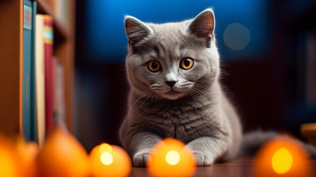 Curious Chartreux Cat Exploring Colorful Bookshelf in Cozy Study Room