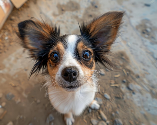 Curious Chihuahua with Big Ears Looking Up at the Camera on a Sandy Background Adorable Close up