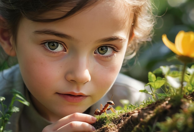 A curious child explores nature closely examining plants with a sense of wonder