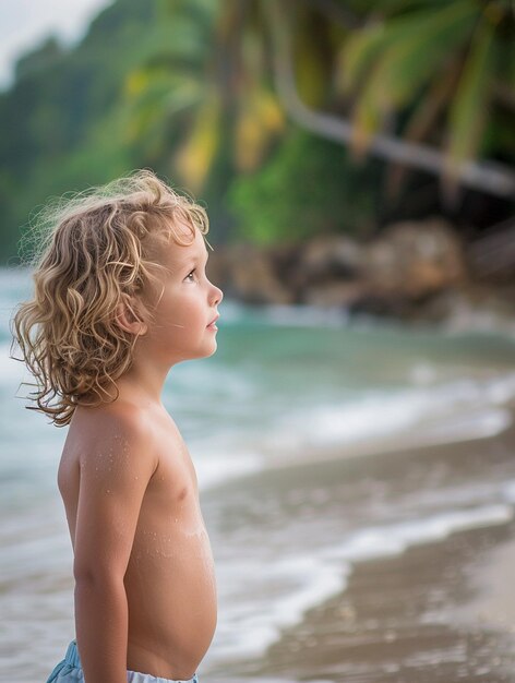 Curious Child Exploring Tropical Beach at Sunset