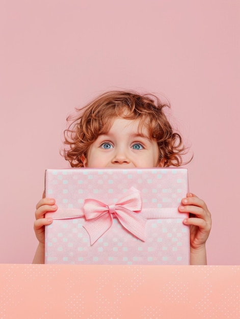 Curious child holding pink gift box