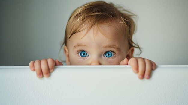 Photo curious child peeking over edge