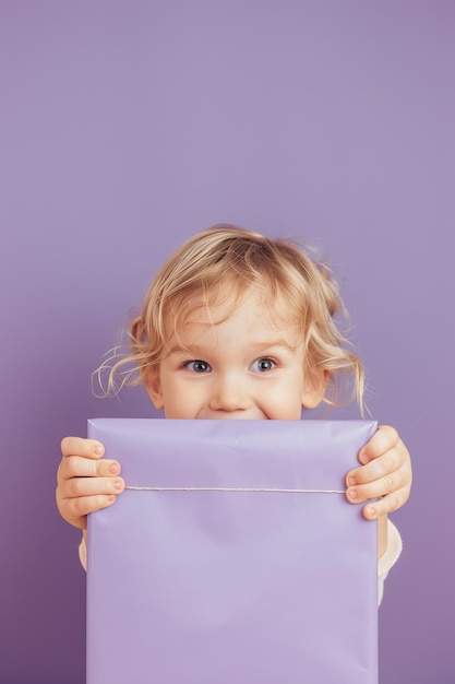 Photo curious child peeking from behind purple paper