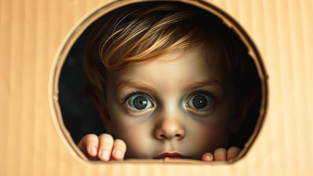 Photo curious child peeking through hole in cardboard