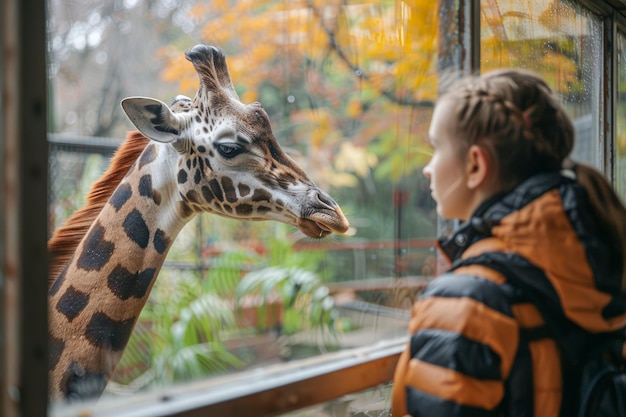 Photo curious child staring at a friendly giraffe behind glass at the zoo during autumn season