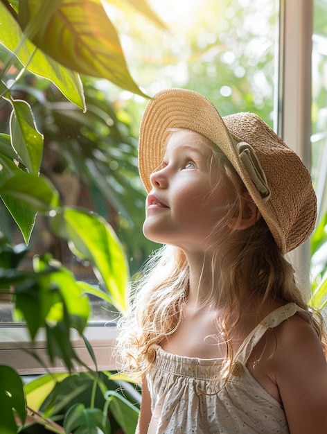 Curious Child in Sunlit Garden with Straw Hat