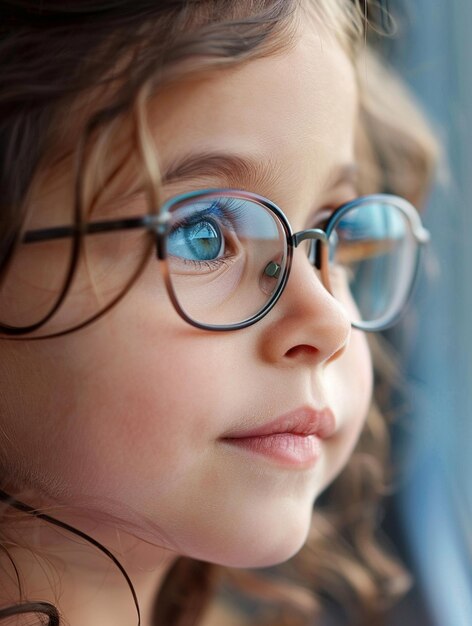 Curious Child with Glasses Looking Out Window Childhood Wonder and Innocence