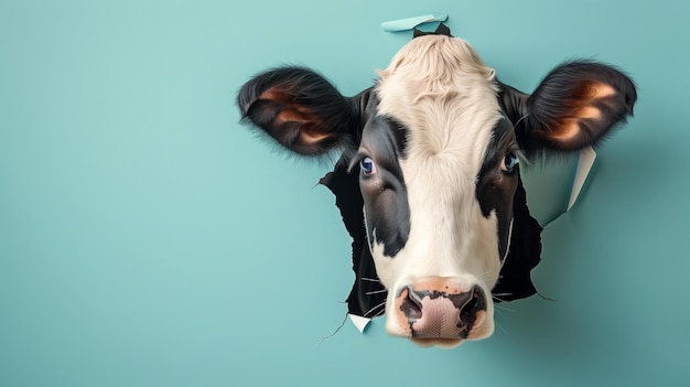 Photo curious cow peeking through broken blue wall