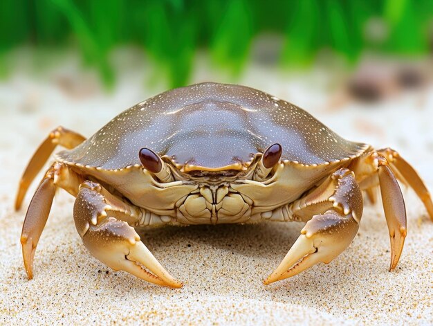 A curious crab exploring the sandy ocean floor under bright sunlight