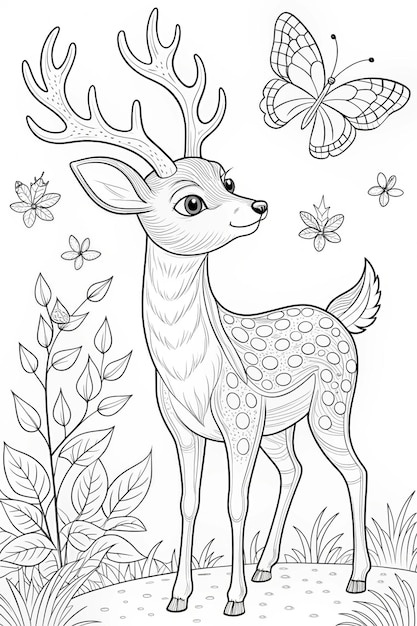 Curious Deer and Butterfly Gentle Coloring Page Moment