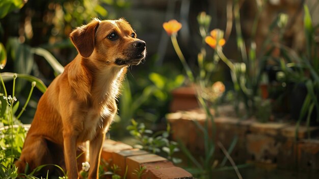 Curious Dog Exploring Outdoor Garden