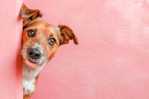 Photo curious dog peeking from a corner pastel pink background