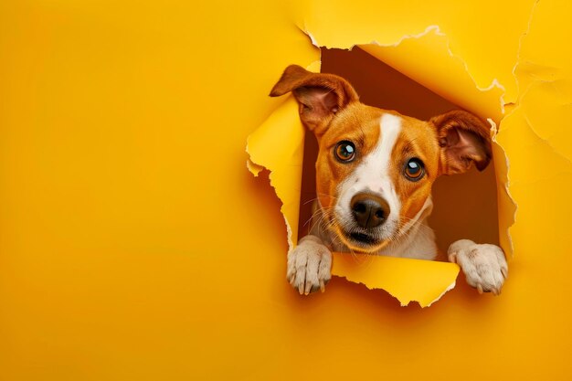 Photo curious dog peeking through torn yellow paper against a matching background