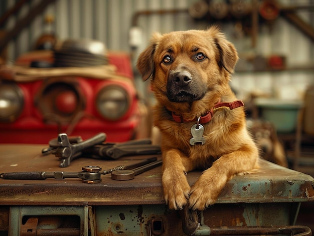 A Curious Dog Relaxing Among Tools in a Rustic Workshop Setting