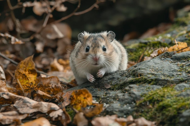 Photo a curious dwarf hamster peeking from behind a rock in a forest