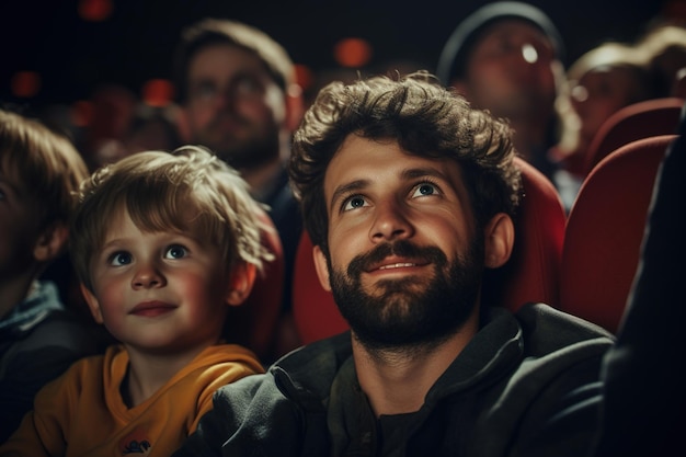 Curious father and son watching a movie in cinema