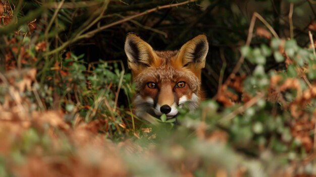 Photo a curious fox peeks out from its den its sharp eyes and pointed ears alert to every sound and movement in the forest