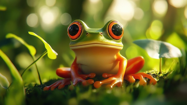 Photo curious frog in lush green foliage