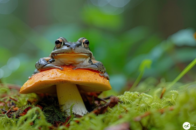 Curious frog behind a mushroom