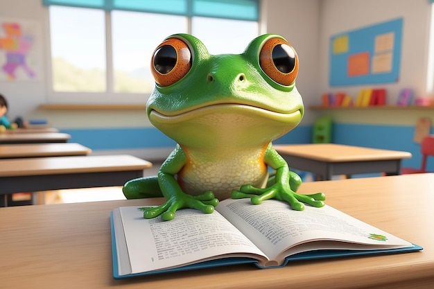 Photo curious frog reading in classroom