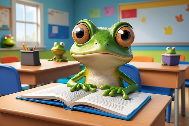 Photo curious frog reading in classroom