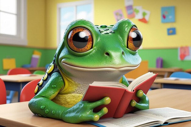 Photo curious frog reading in classroom