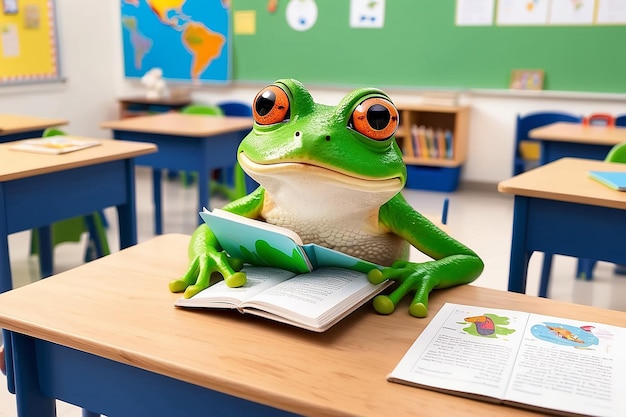 Photo curious frog reading in classroom