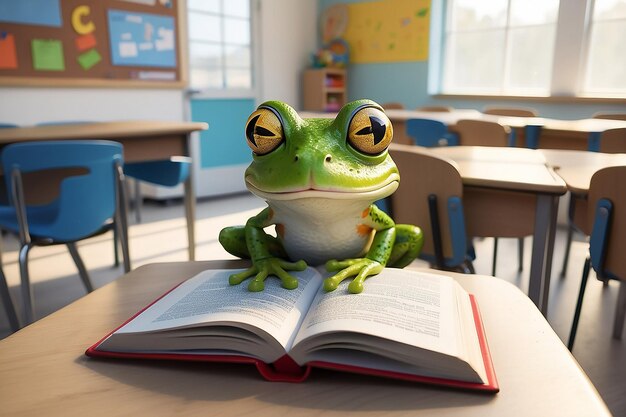 Photo curious frog reading in classroom