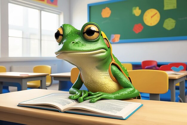 Photo curious frog reading in classroom