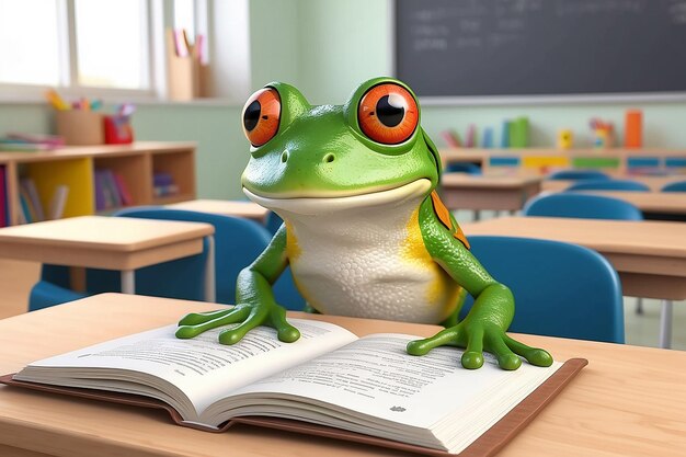 Photo curious frog reading in classroom