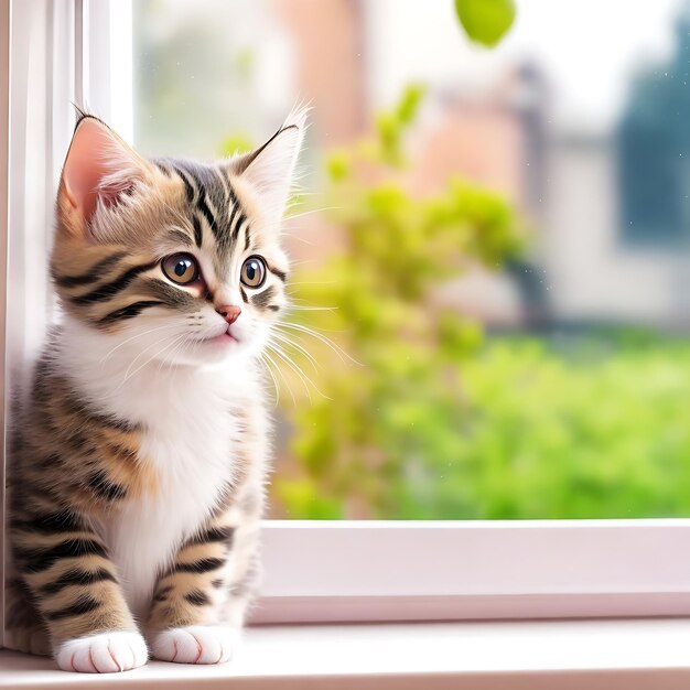 Curious ginger cat sits on window sill generative ai