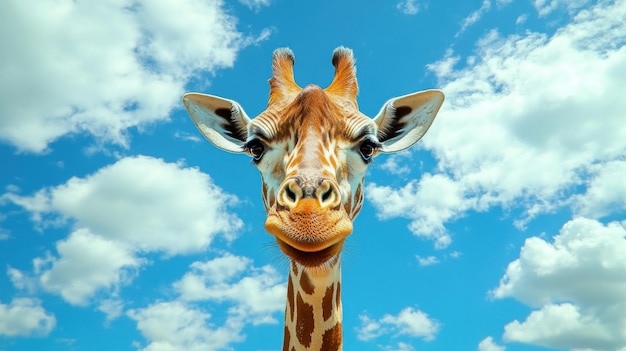 A curious giraffe gazes playfully against a bright blue sky filled with fluffy clouds during a sunny day in the savannah