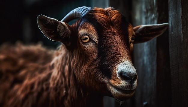 Curious goat looking at camera on farm generated by AI