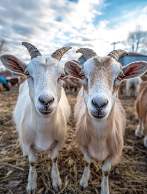 Curious goats exploring the barnyard surroundings