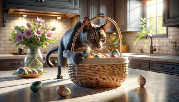 A curious gray tabby cat is peeking into a woven basket filled with colorful Easter eggs