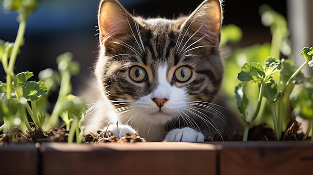 A curious gray and white tuxedo cat