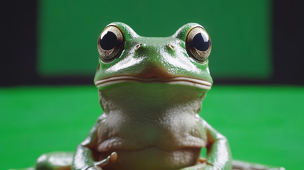 Curious Green Tree Frog Posing Against a Green Background