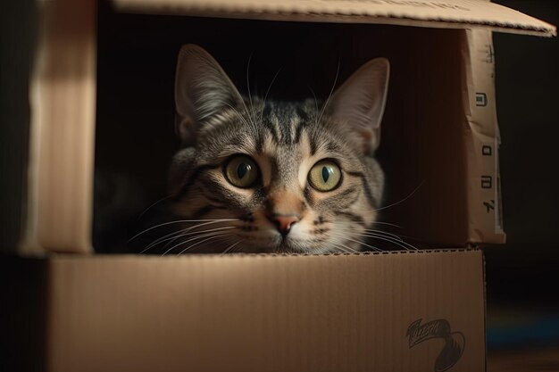 Curious grey cat peeks out from a cardboard paper box illustration generative ai