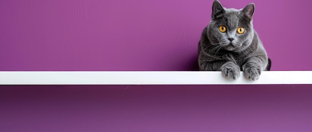 Photo curious grey cat on a white shelf against purple wall