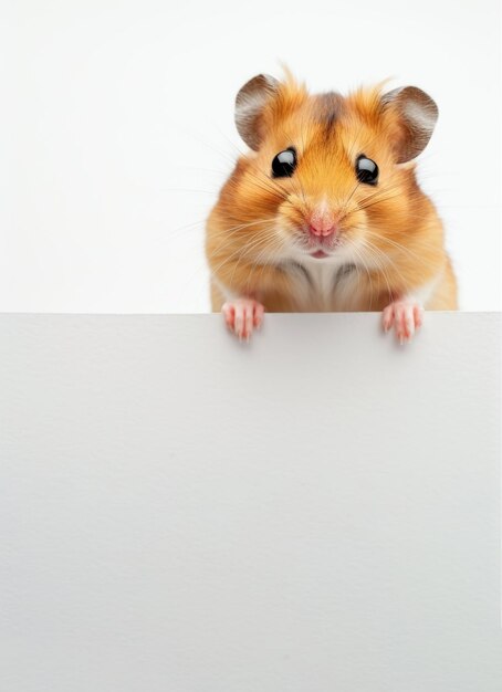 Photo curious hamster peeking over a white surface isolated on a white background