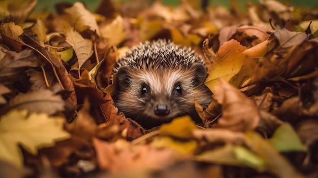 A curious hedgehog wandering through a pile of leave AI generated