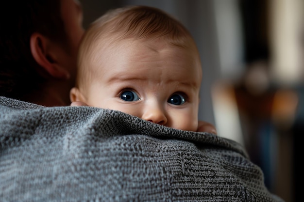 Curious infant peeking over a shoulder with wide innocent blue eyes full of wonder