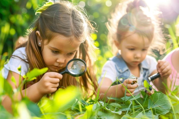 Photo curious kids exploring nature with magnifying glass