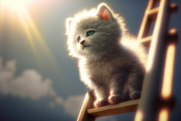 Curious kitten climbing the ladder to the sky with clouds Cute tiny cat on the stairway Generated AI