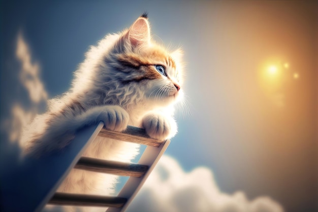 Curious kitten climbing the ladder to the sky with clouds Cute tiny cat on the stairway Generated AI