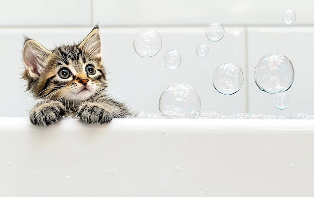 A curious kitten exploring a bubblefilled bathtub in a bright clean bathroom during the afternoon