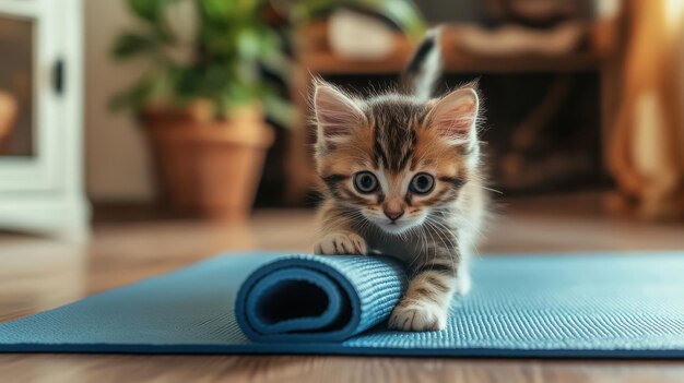 Photo curious kitten exploring a yoga mat perfect for animal and yoga lifestyle themes