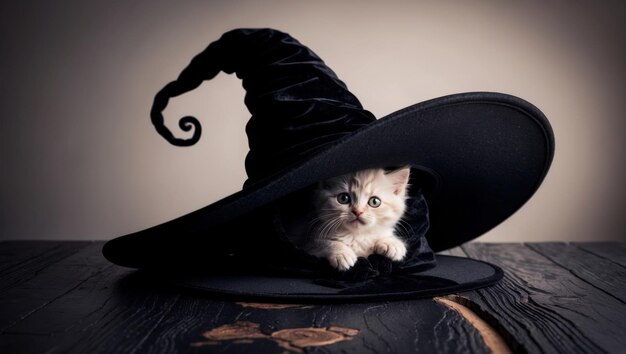 Photo a curious kitten is nestled inside a witchs hat looking around playfully