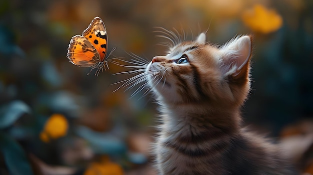 Photo curious kitten looking up at butterfly illustration